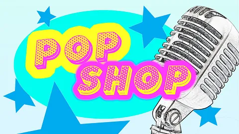 En grafik med en vintage mikrofon, blå stjerner og pop-art tekst i neonfarver.