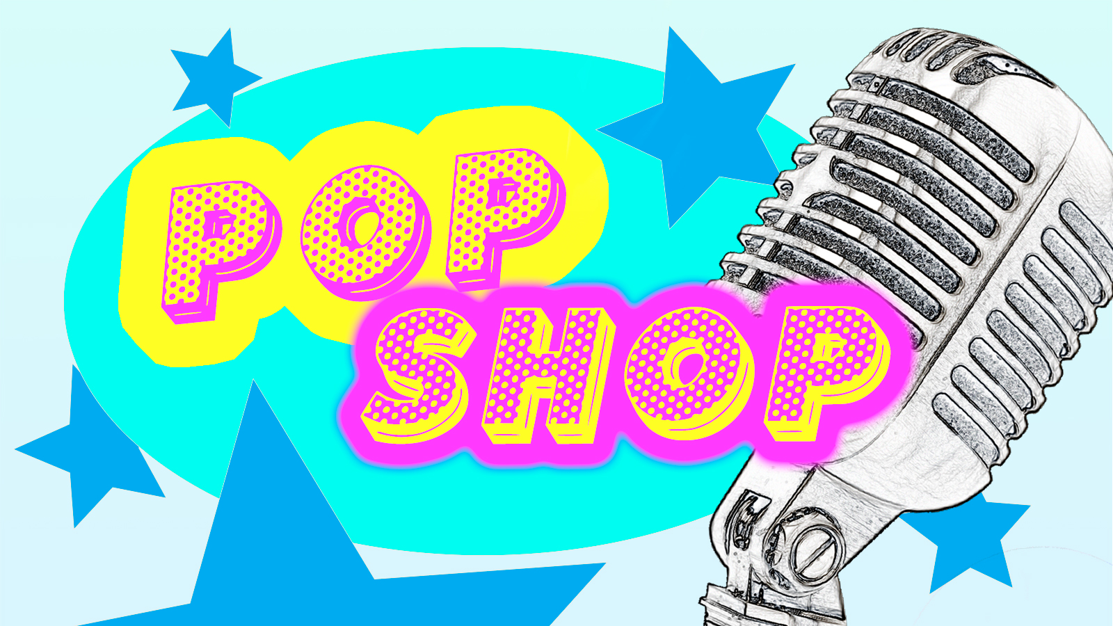 Grafik for koret PopShop. Tekst i pop-art stil i neon gul og neon pink. vintage mikrofon på blå baggrund med stjerner.